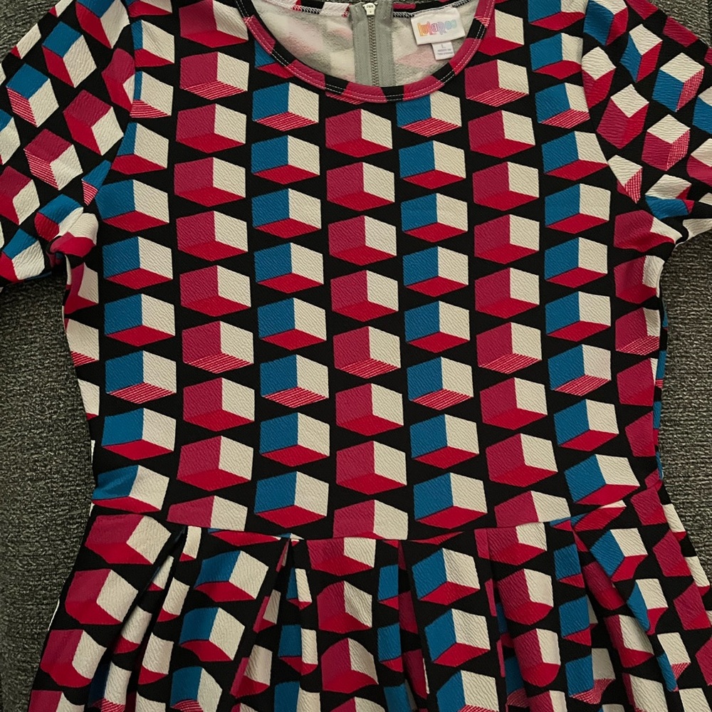 LulaRoe dress…Pink, Blue, Black and White. Silver zipper on back and has pockets